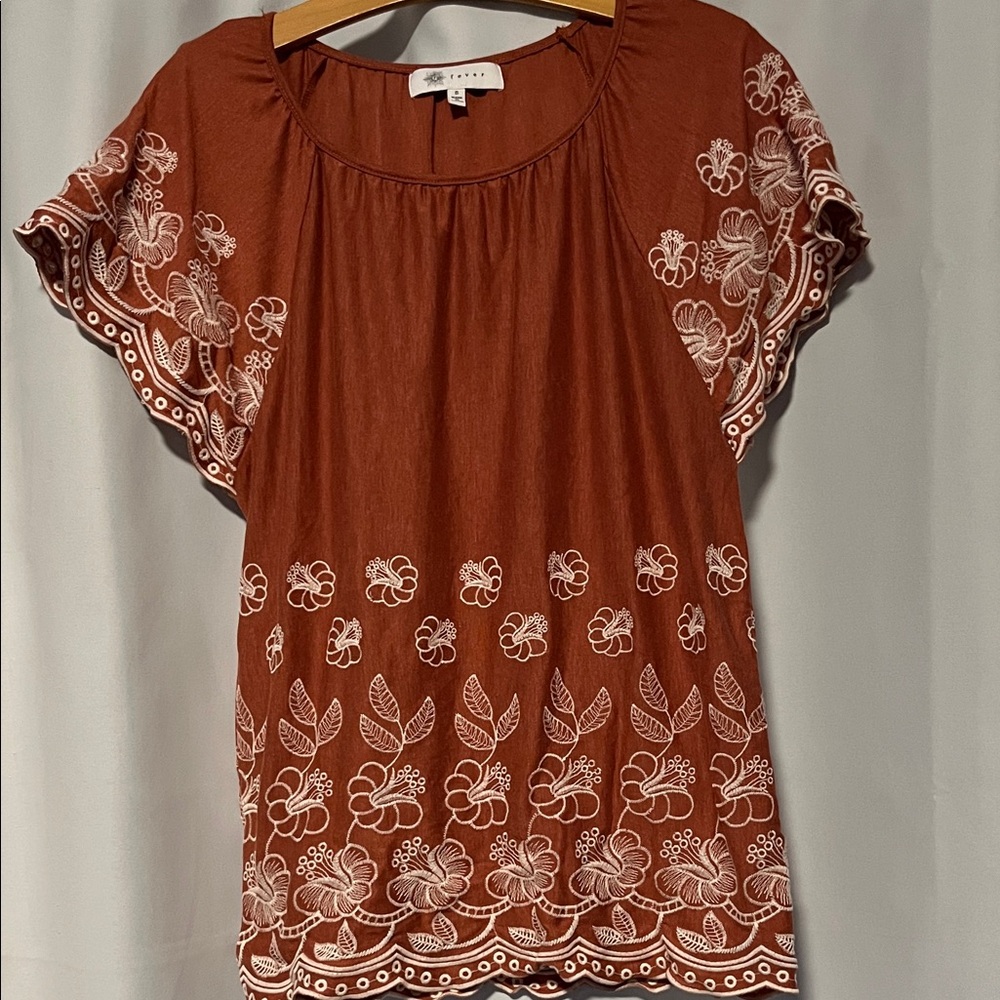 Fever Burnt Orange Embroidered Flutter Sleeve Tunic